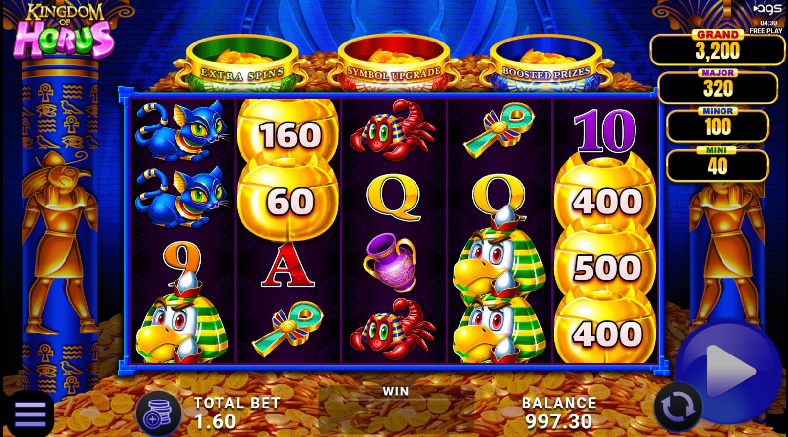 The main 5x3 game grid of the Kingdom of Horus slot, showcasing the Egyptian-themed symbols and the three Pot Bonus meters at the top.
