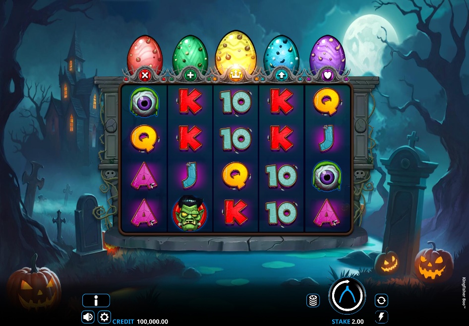 The base game grid of the Kingfisher Boo! slot, showcasing the 5x4 reel layout against a spooky Halloween background.