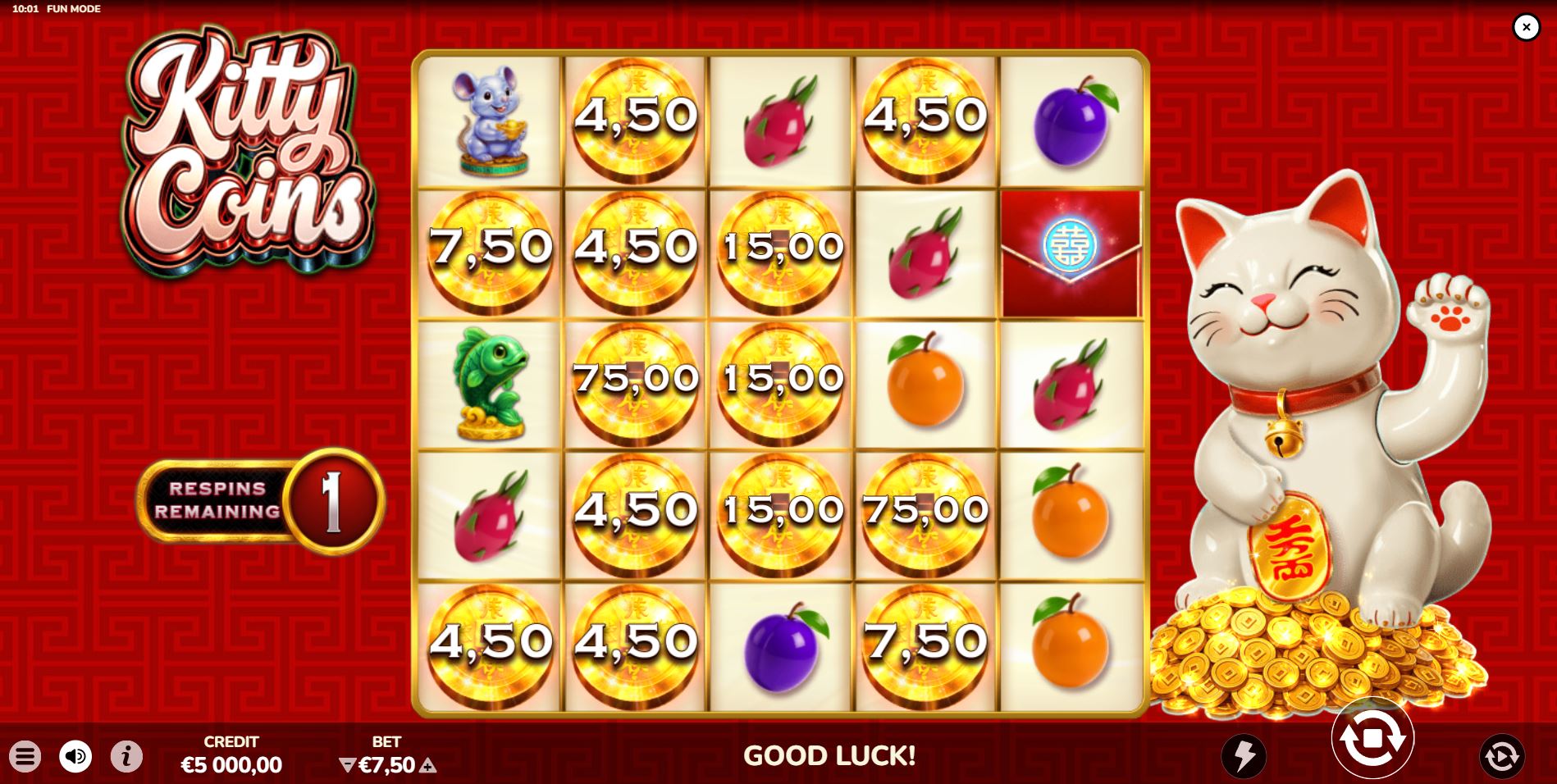 The Kitty Coins Hold & Spin bonus round in progress, with multiple locked coin symbols and the respin counter reset.