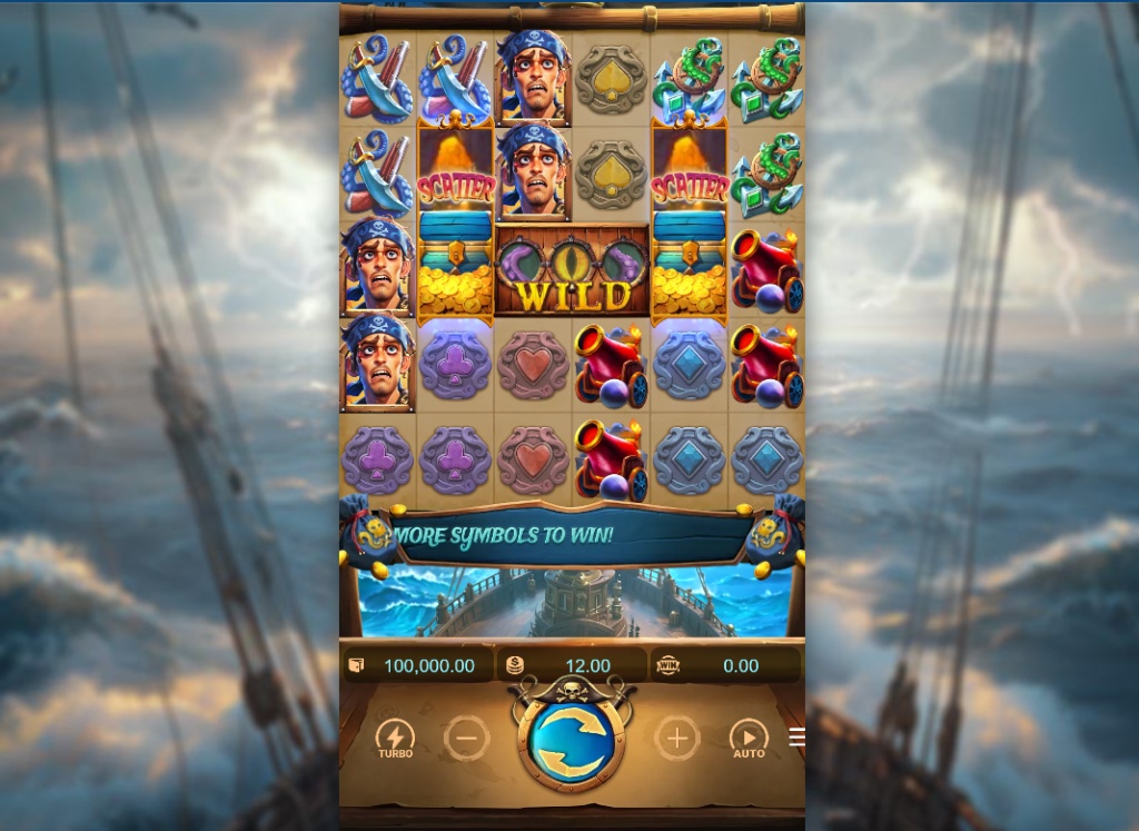 The base game screen of Kraken Gold Rush slot, showing the 6x5 grid and the Wild Kraken symbol in the center.