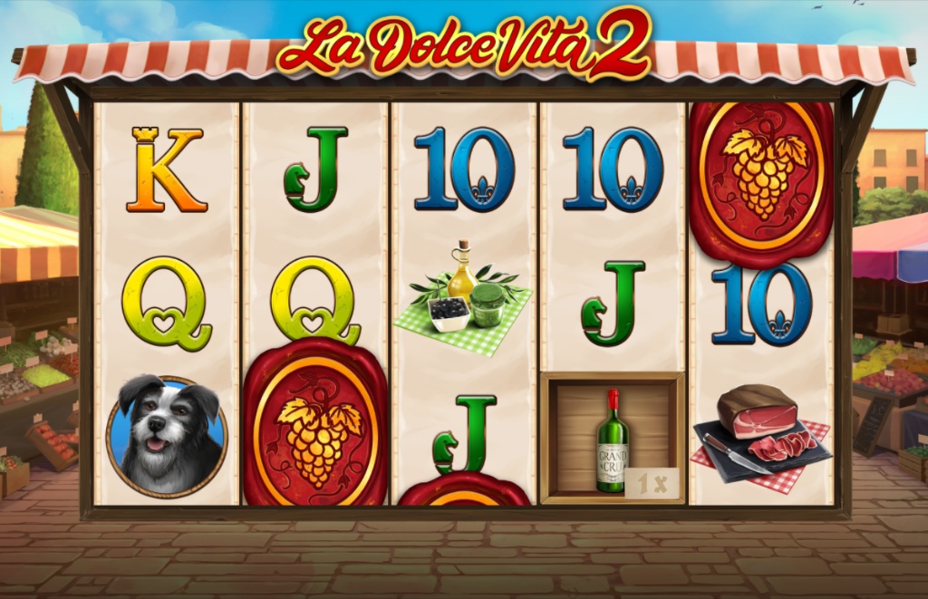 The 5x3 reel layout of the La Dolce Vita 2 slot game, showcasing the Italian market theme and high-paying symbols.