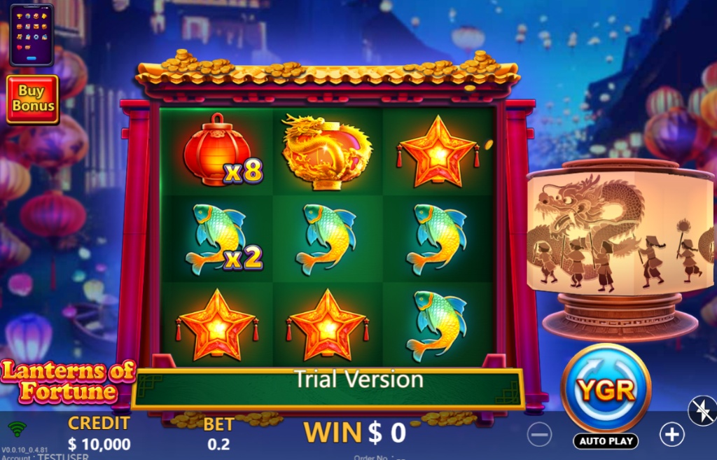 The 3x3 grid of the Lanterns of Fortune slot, showing the main game symbols and the Asian festival background.