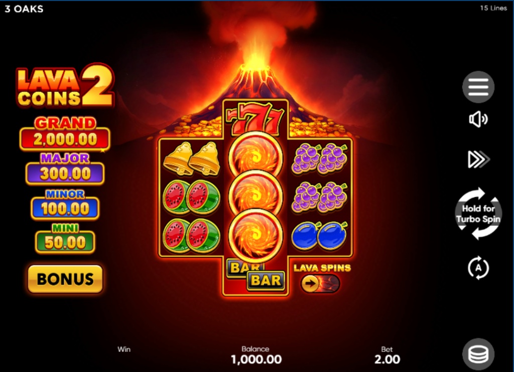 The 3x3 reel layout of the Lava Coins 2 slot demo, showing the volcano theme and classic symbols.