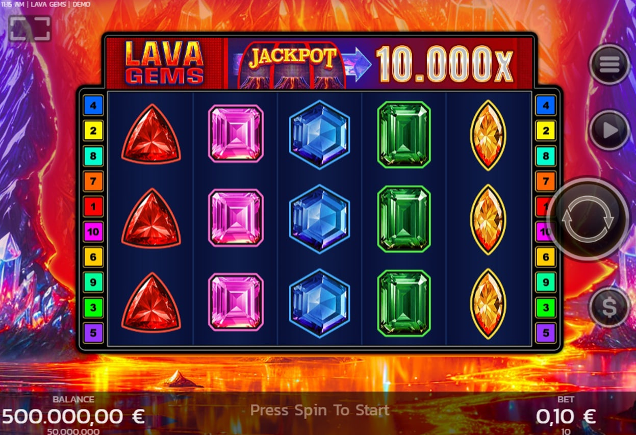 The main 5x3 reel layout of the Lava Gems slot, set against a fiery volcanic background, showcasing the gem symbols.