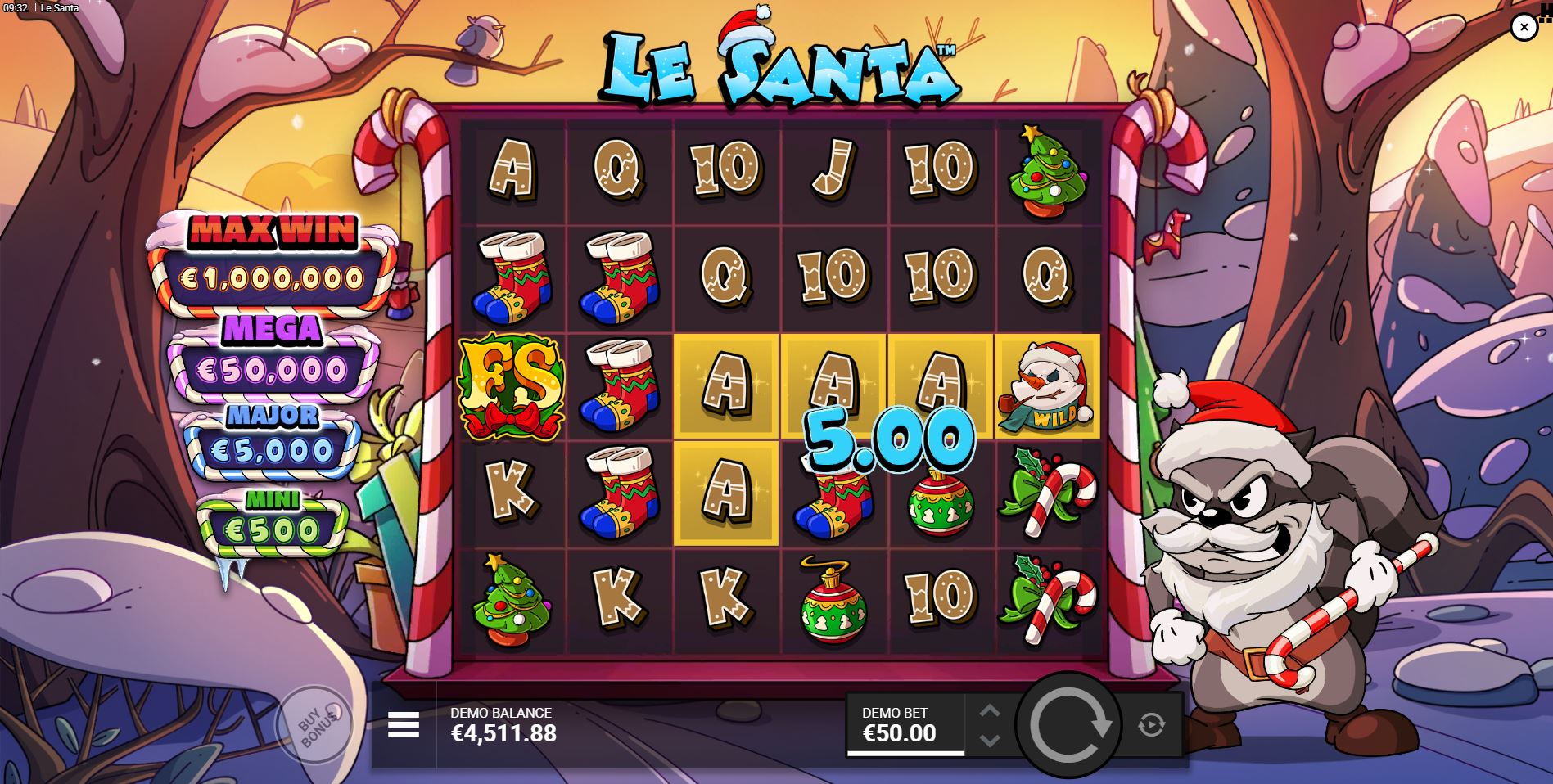 A winning cluster on the Le Santa slot creating multiple Golden Squares on the reel positions.