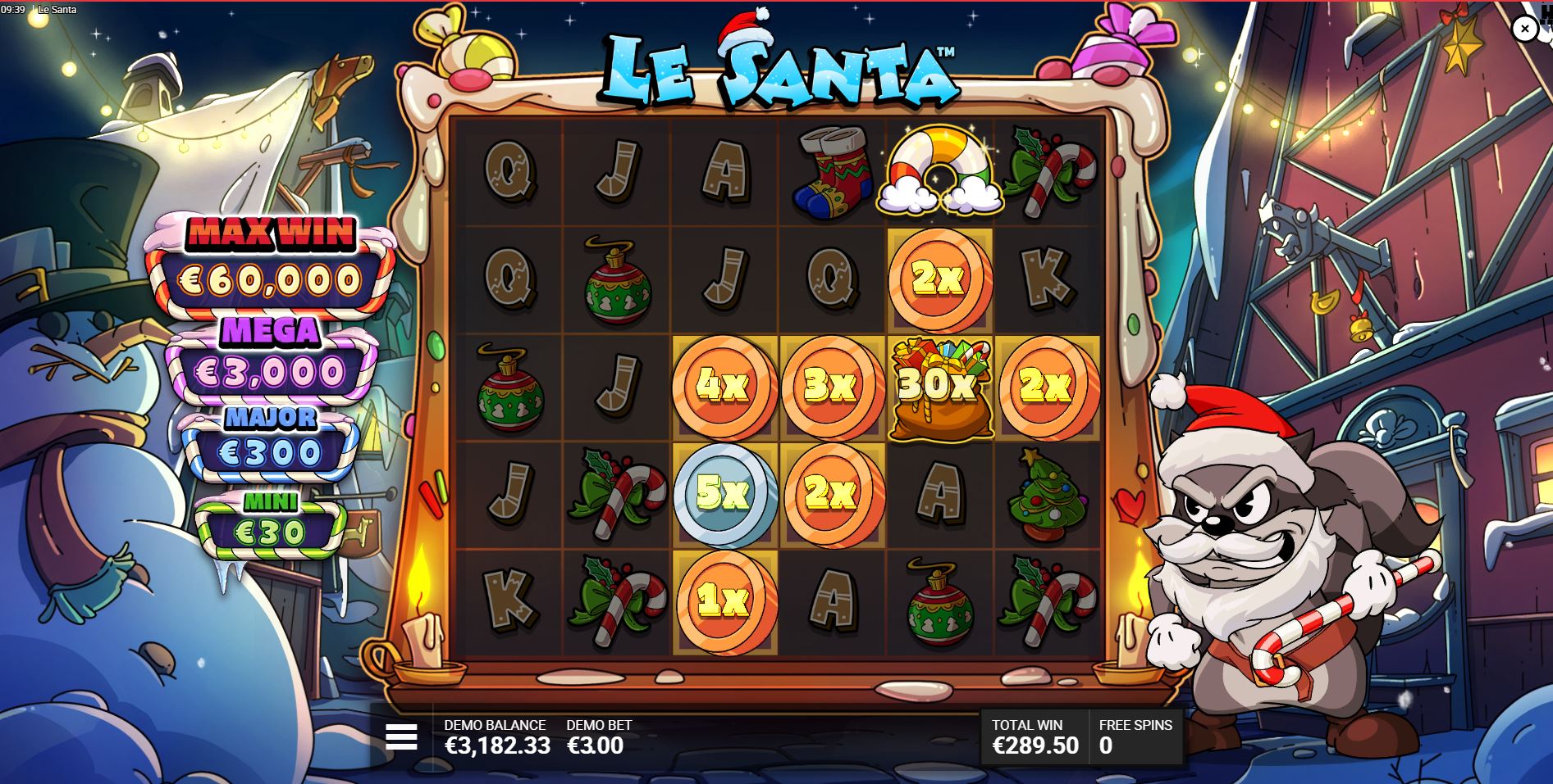 The "Sleighing It" free spins bonus round, where sticky Golden Squares remain on the grid for subsequent spins.