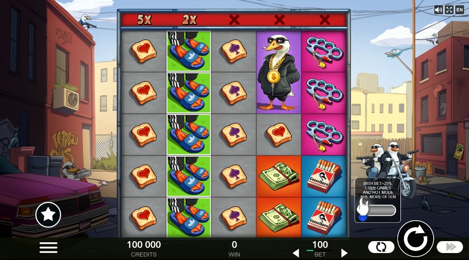 The 5x5 game grid of the Long Neck Fortune slot, showcasing the main gangster goose characters and symbols in the base game.