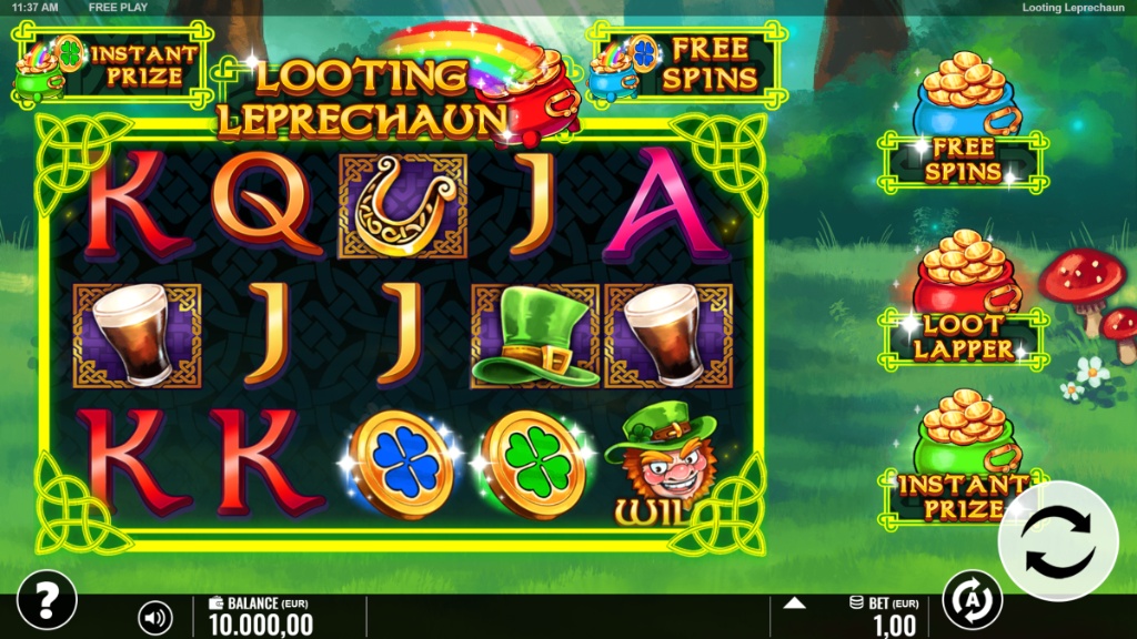 The 5x3 reel layout of the Looting Leprechaun slot by S Gaming, showing the Irish-themed symbols during base gameplay.
