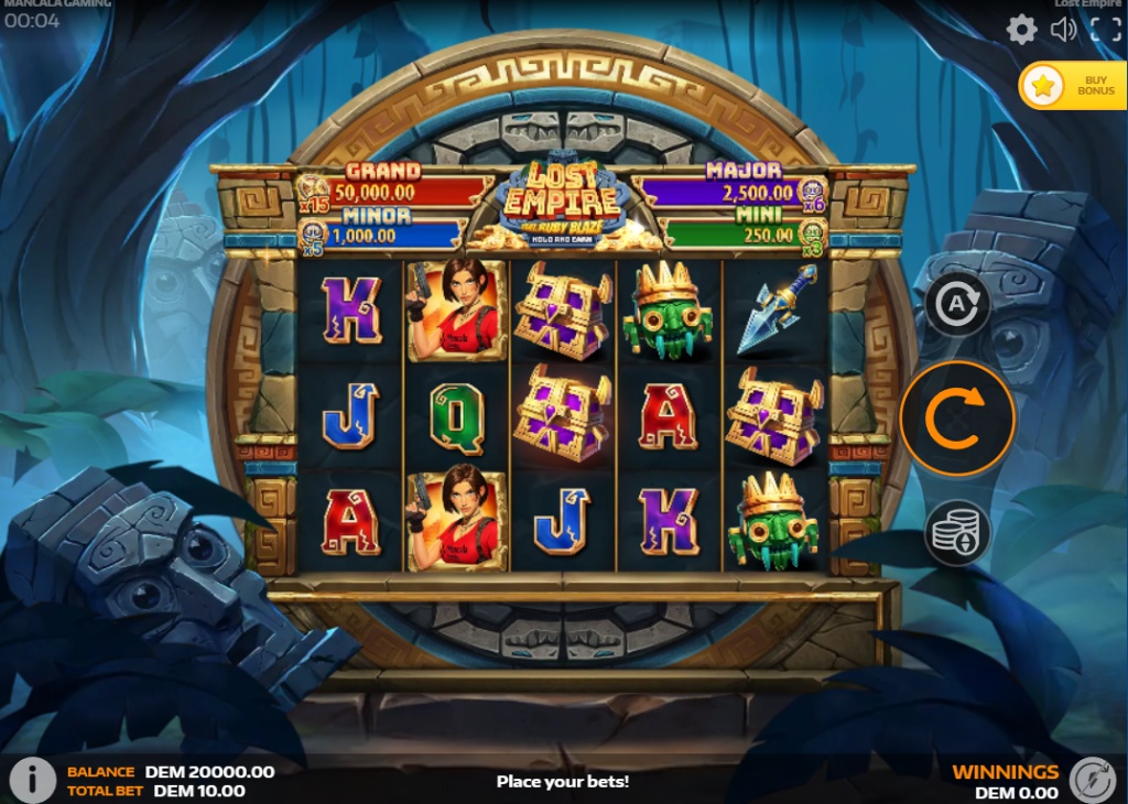 The 5x3 reel layout of Lost Empire: Featuring Ruby Blaze slot, showing the main character Ruby Blaze and ancient Aztec symbols in the jungle temple setting.