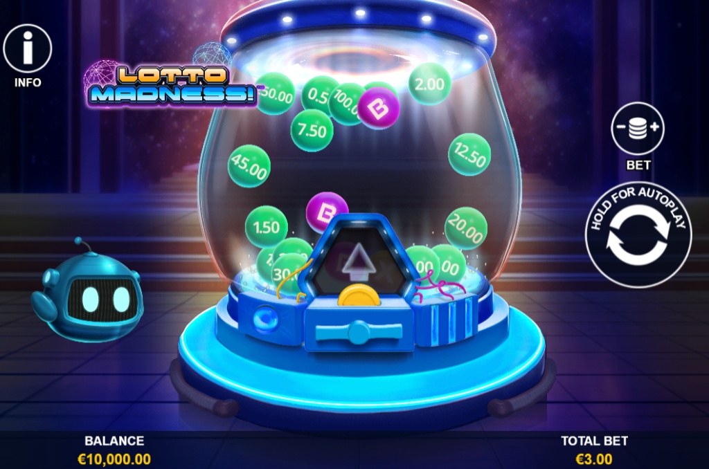 The main game screen of the Lotto Madness! demo, showing the ball machine and the little robot.