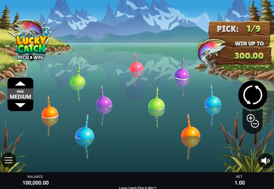The main gameplay screen of the Lucky Catch Pick&Win demo, showing 9 colorful floats on a lake.