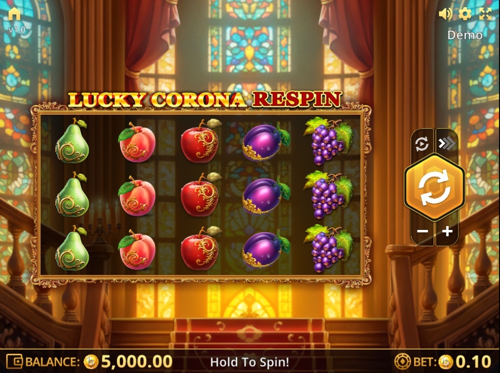 The main 5x4 game grid of the Lucky Corona Respin demo slot, showing the ornate fruit symbols and stained-glass background.