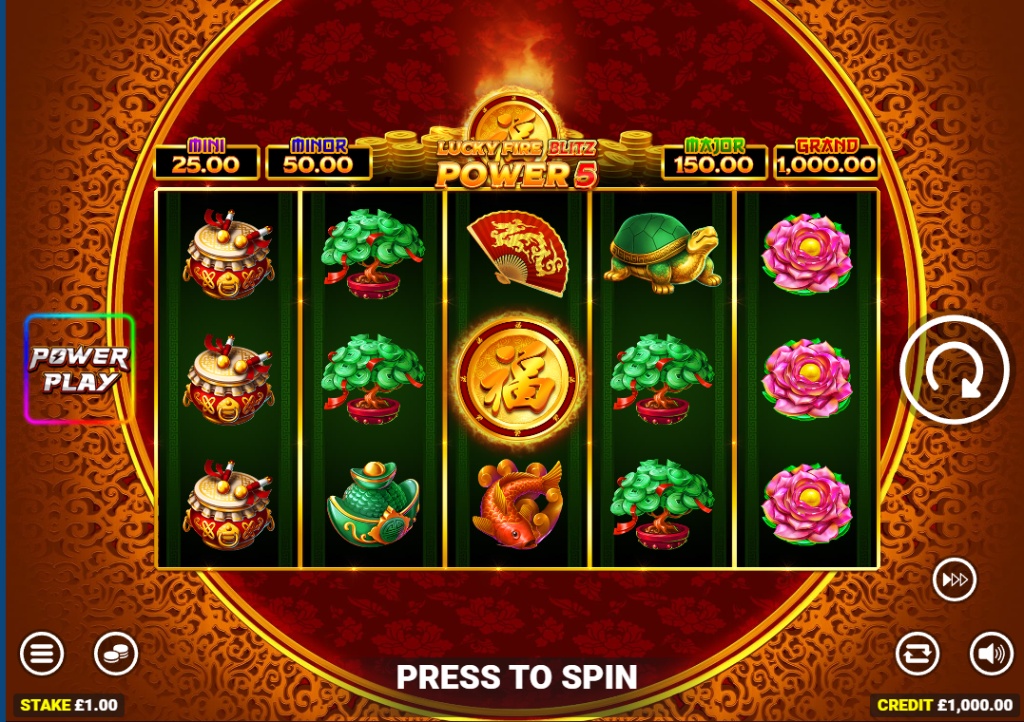 The main 5x3 game grid of Lucky Fire Blitz Power 5, showcasing the Asian theme and jackpot values.