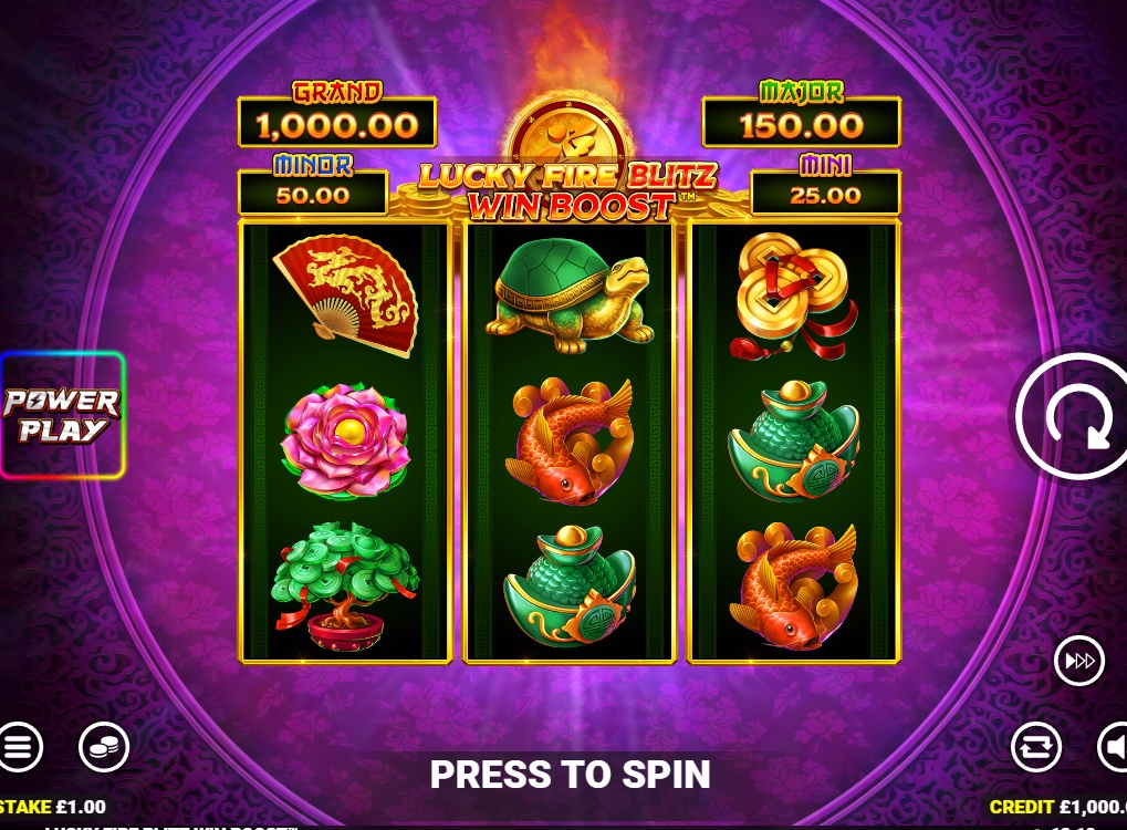 The main 3x3 reel layout of the Lucky Fire Blitz Win Boost slot demo, showing the Asian-themed symbols and jackpot values.