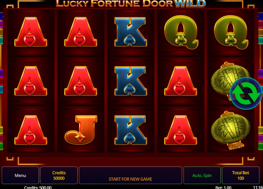 The 5x3 reel layout of the Lucky Fortune Door Wild slot demo, showing high-paying dragon and lantern symbols.
