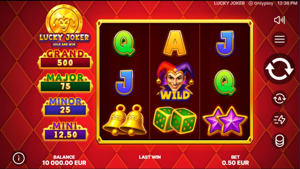 The main 3x3 reel layout of the Lucky Joker Hold and Win slot demo, showing the jackpot values on the left.