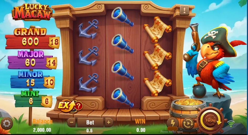 The base game screen of the Lucky Macaw slot, showing the 3-4-3 reel layout and the pirate macaw mascot.