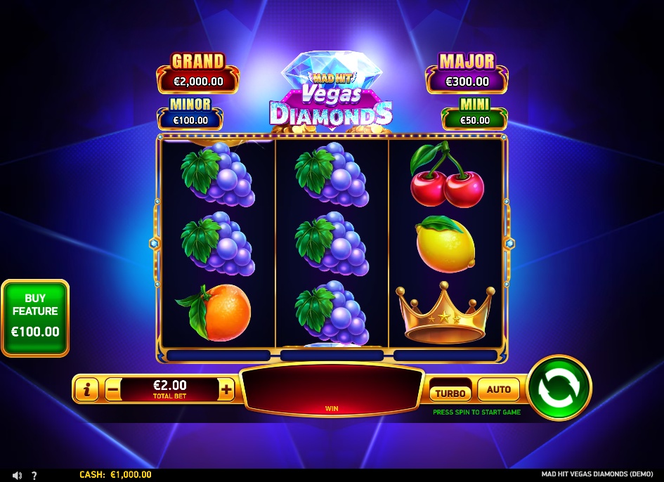 The 3x3 reel layout of the Mad Hit Vegas Diamonds slot, showing classic fruit symbols and the four jackpot values.