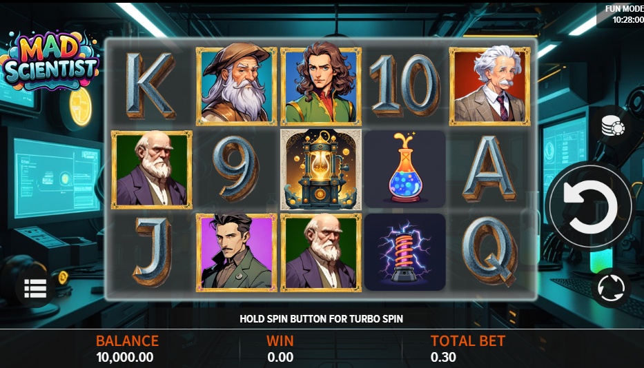 The main 5x3 reel layout of the Mad Scientist slot, showing the scientist symbols and the laboratory background.