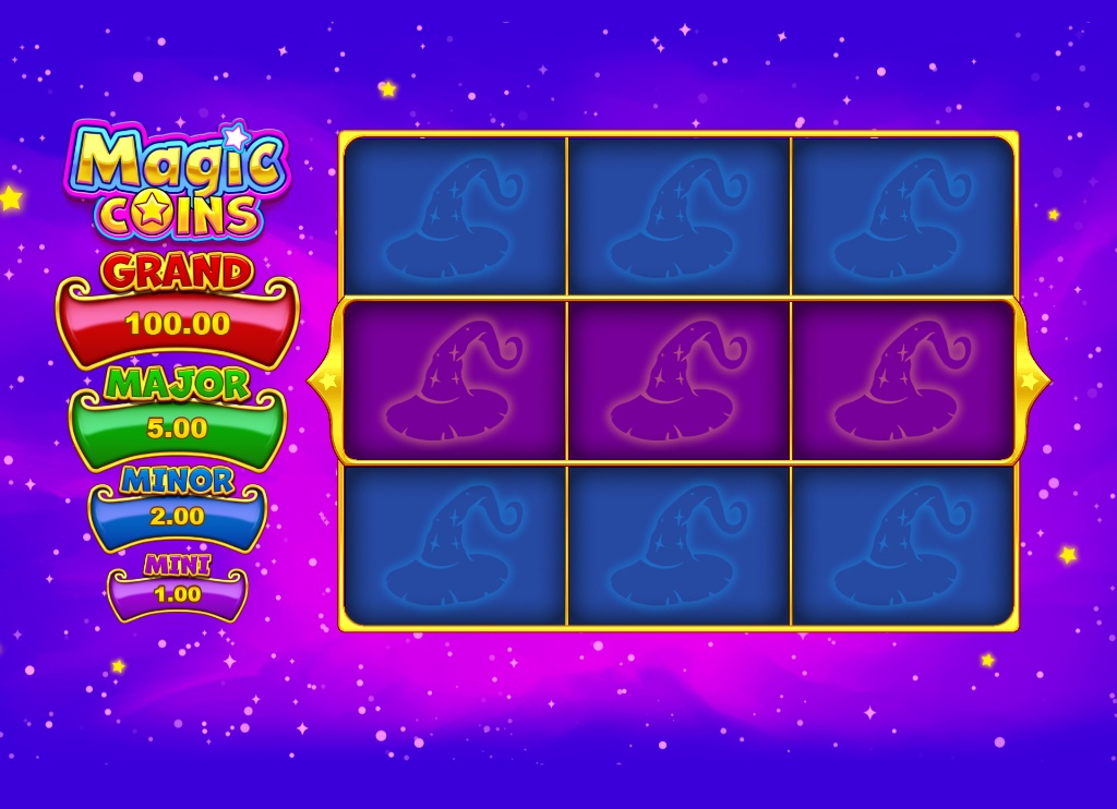 Magic Coins slot by Zeusplay base game interface showing 5 reels and wizard hat symbols.