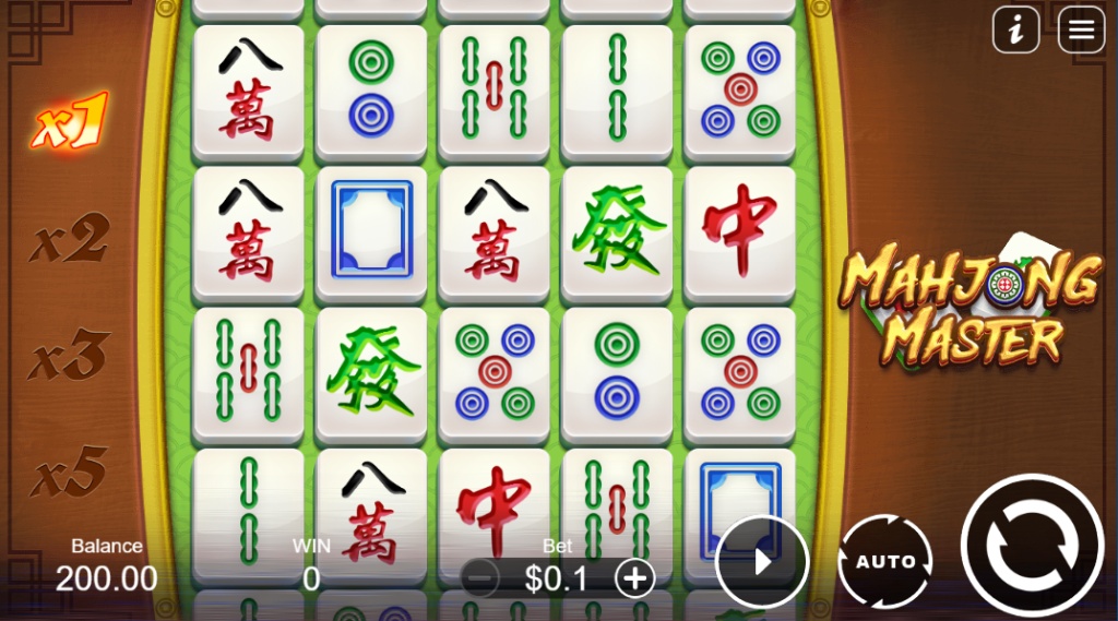 Mahjong Master slot base game screen showing the 5x4 reel layout and multiplier ladder.