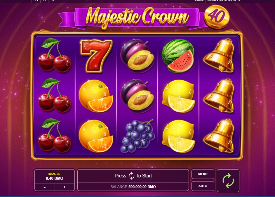 The main game screen of the Majestic Crown slot, showing the 5x4 reel layout with classic fruit symbols.