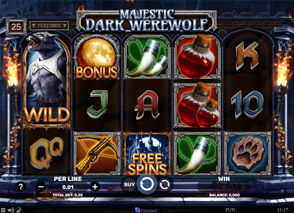 The base game grid of Majestic Dark Werewolf slot, showing the 5x3 reel layout and gothic-themed symbols.