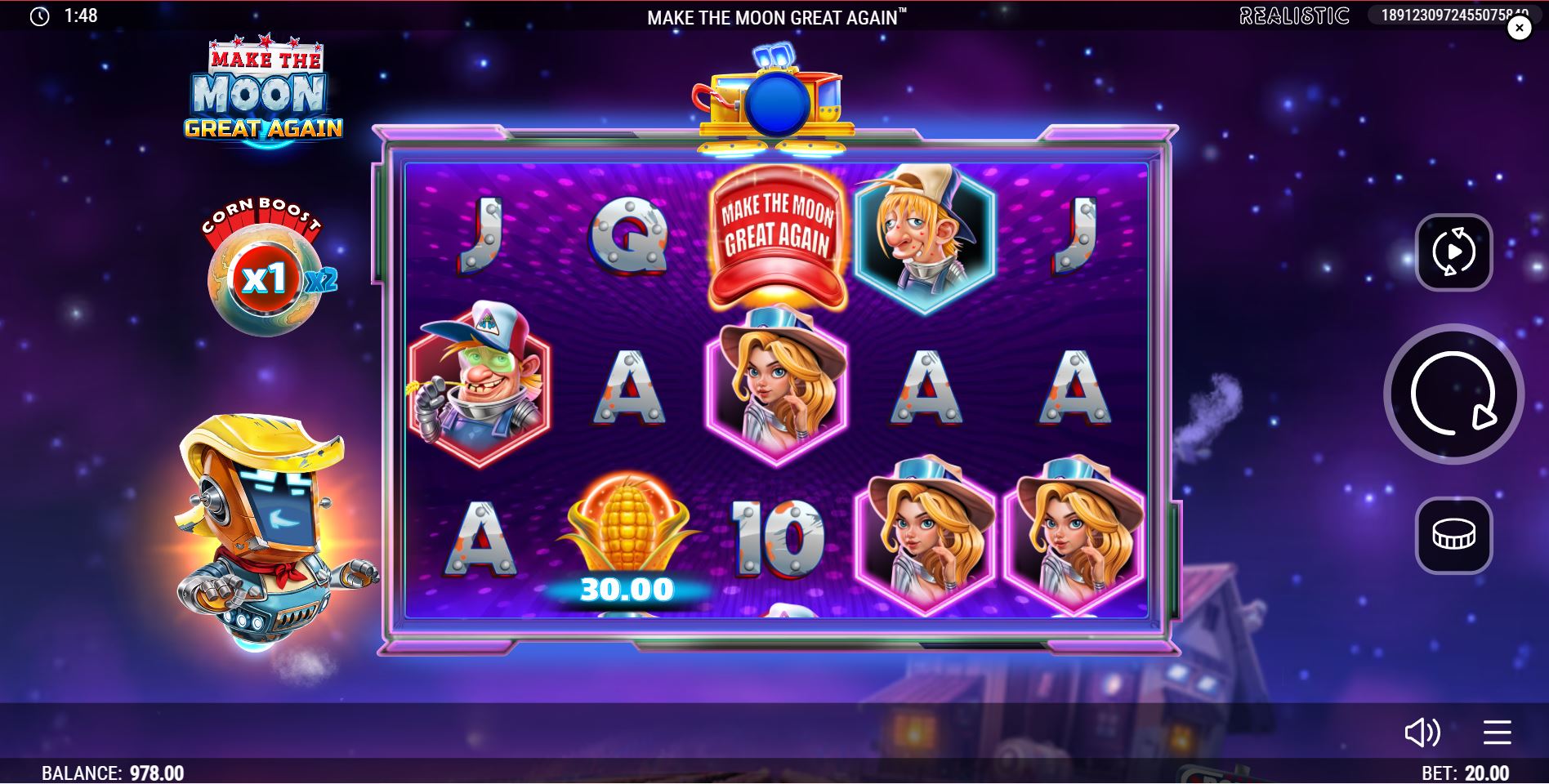 The main 5x3 game grid of the Make the Moon Great Again slot, showcasing the quirky character symbols and Ronald the robot.