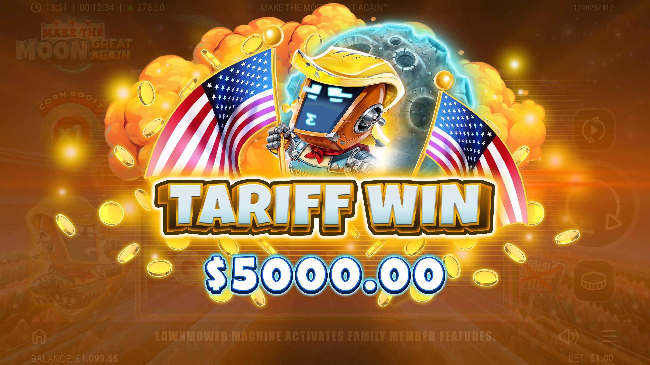 A big win screen displayed on the Make the Moon Great Again slot, showing a significant payout.