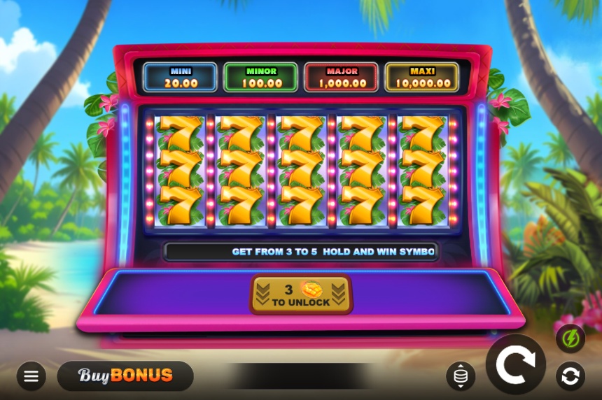 The main game screen of the Mango Multi 7s slot, showcasing the 5x4 reel layout with a tropical beach background.