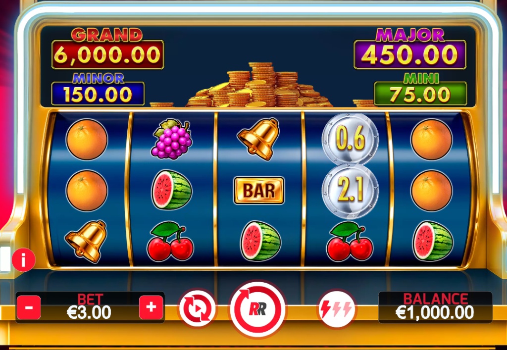 The 5x3 reel grid of the Mega Coins slot, showing classic fruit, bell, and coin symbols during base gameplay.