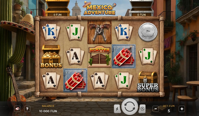 Mexico Adventure slot machine main game screen with 5x3 reel layout and themed symbols.