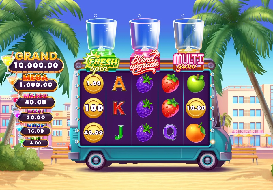The base game grid of Miami Reels Power Combo slot, showing the 5x3 reel layout and the jackpot values on a Miami beach background.