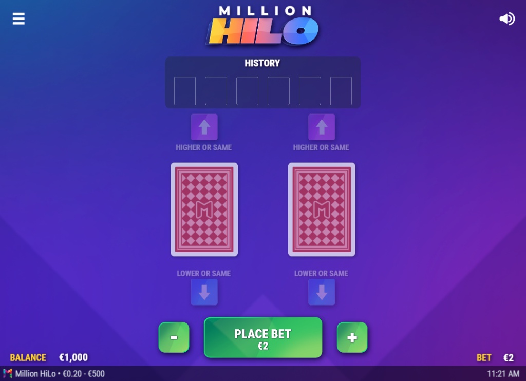 The main game screen of Million HiLo demo, showing the initial card layout and betting options before a round starts.