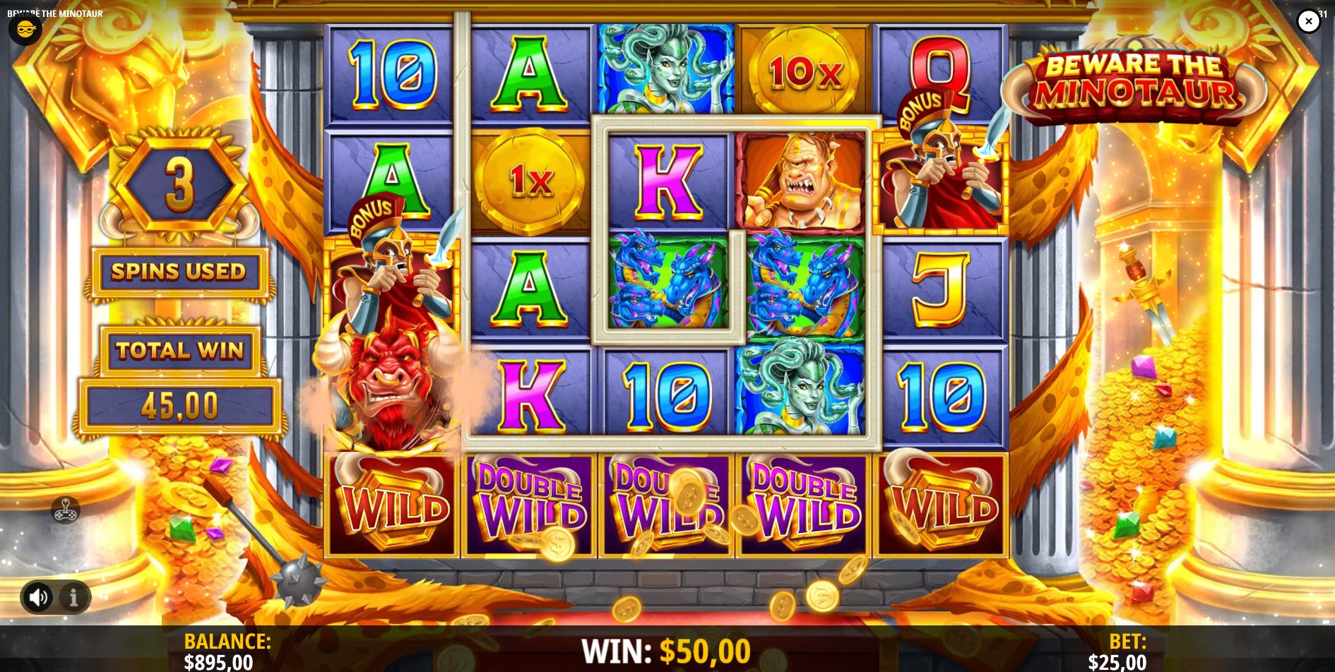 The action inside the Beware the Minotaur bonus game, showing the Minotaur actively moving and creating Wilds on the grid.