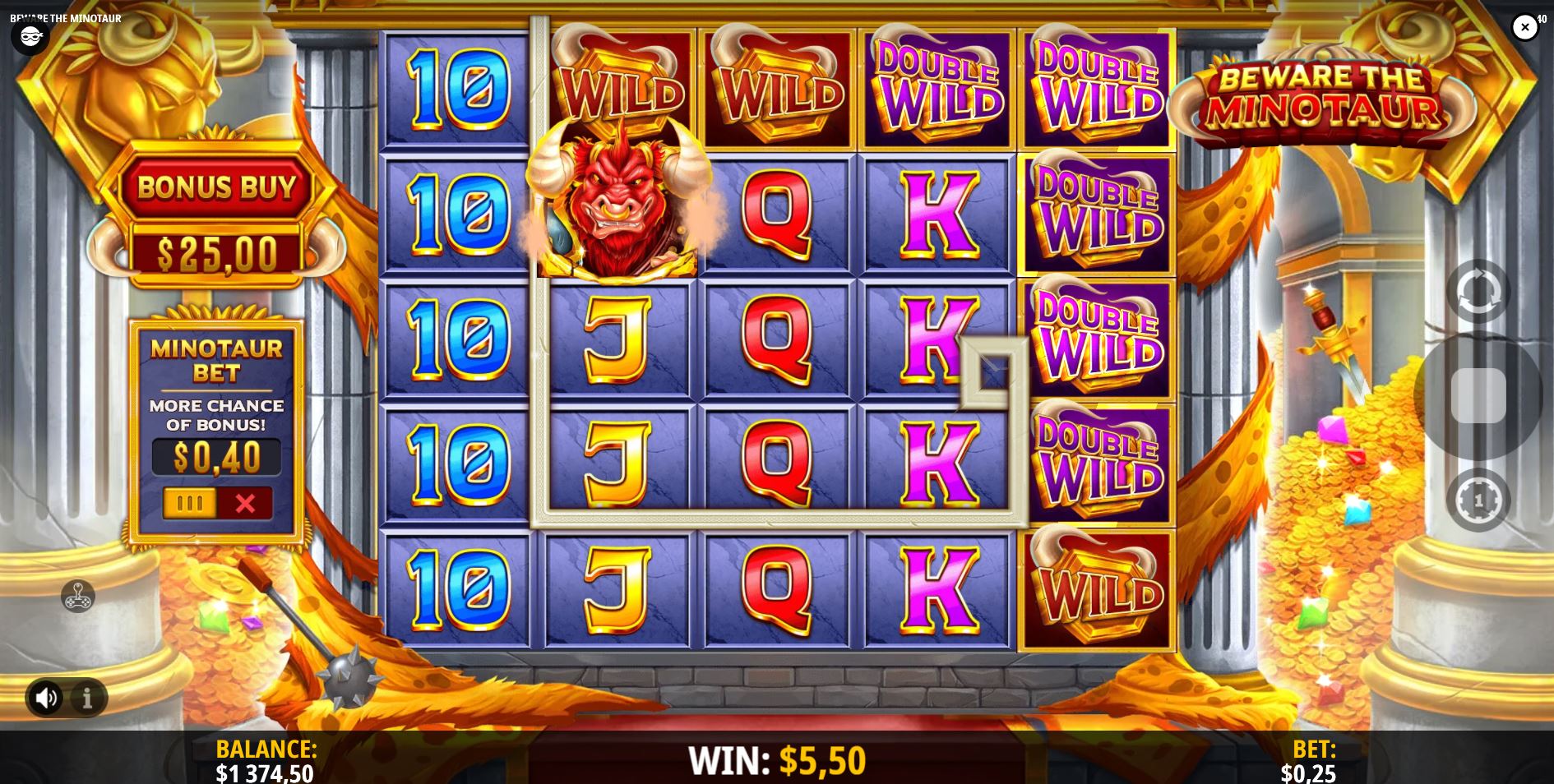 A winning combination formed across the reels thanks to the path of Wild symbols left behind by the charging Minotaur.