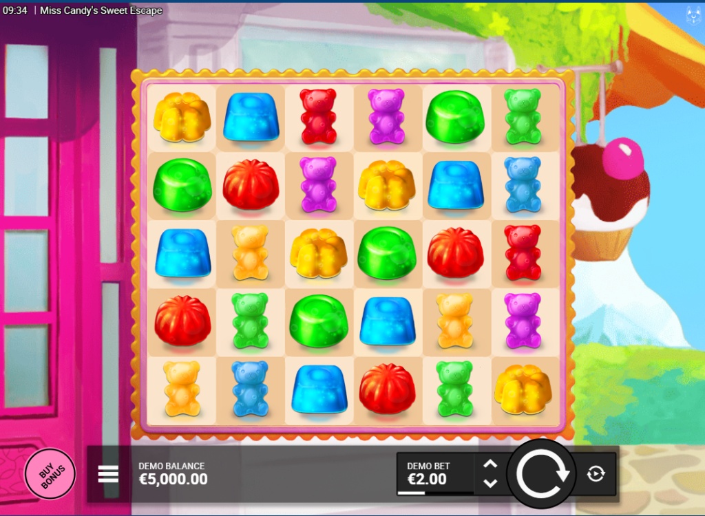 The base game grid of Miss Candy's Sweet Escape slot, showing the 6x5 layout with various candy symbols.