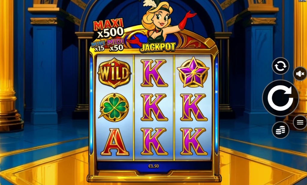 The main 3x3 reel layout of the Money Flash slot game, displaying various symbols and the Art Deco design.