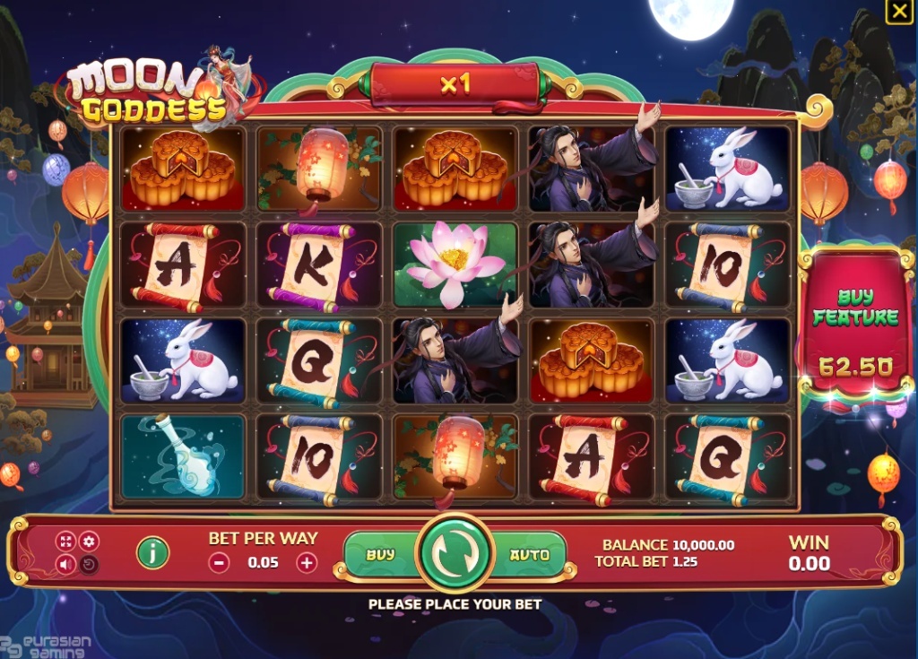 The main game screen of the Moon Goddess slot, showing the 5x4 reel layout and Asian mythology symbols.