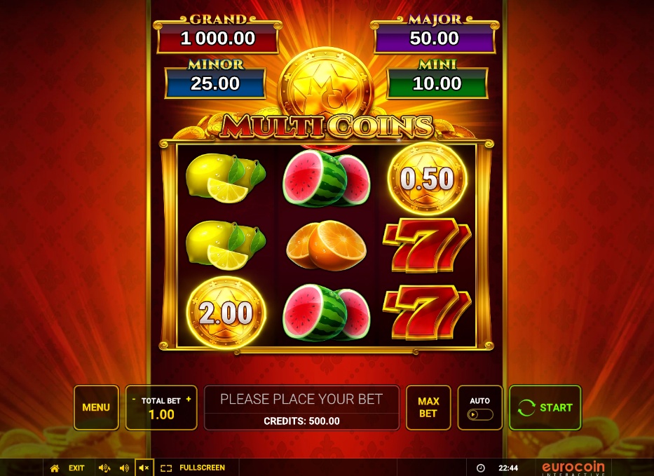 The 3x3 reel layout of the Multi Coins slot game, showing classic fruit symbols and coin values during standard play.