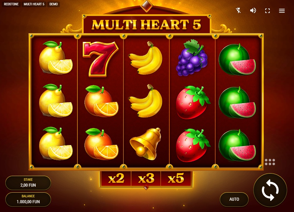 The main 5x3 game grid of the Multi Heart 5 slot, showing the classic fruit symbols and clean interface.