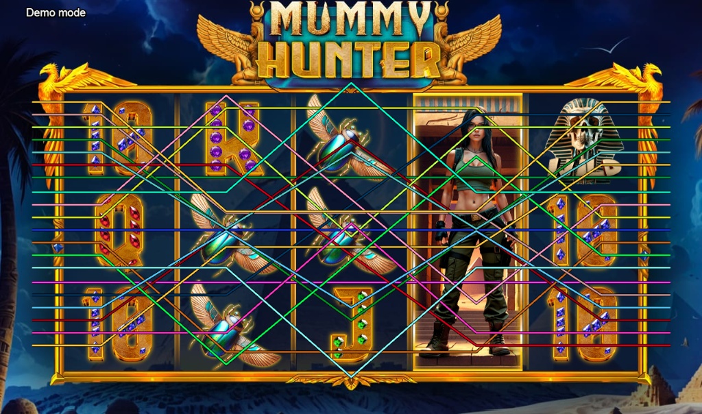 The 5x3 reel layout of the Mummy Hunter slot, showcasing the Egyptian tomb theme and main character symbols.
