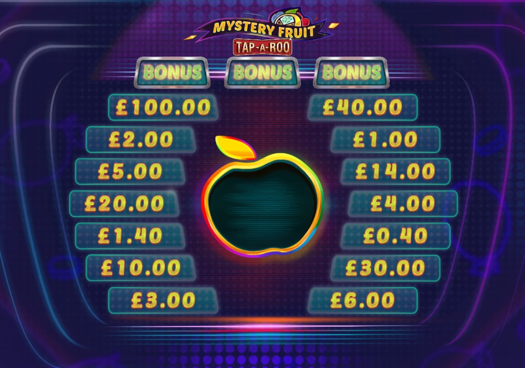 The main game screen of Mystery Fruit Tap-A-Roo, showing the 17-sector grid with cash and bonus prizes before the start of a round.