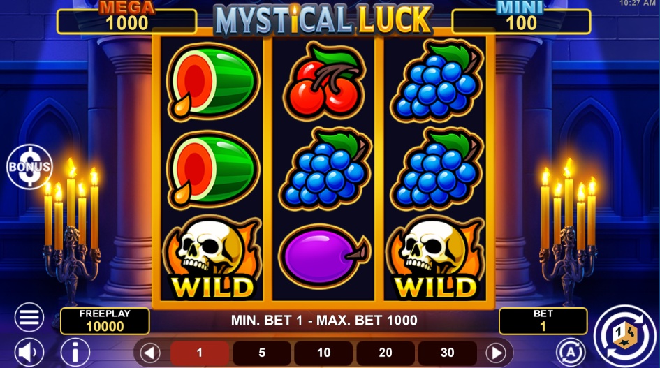 The 3x3 reel layout of the Mystical Luck slot machine, displaying fruit and mystical symbols during base gameplay.