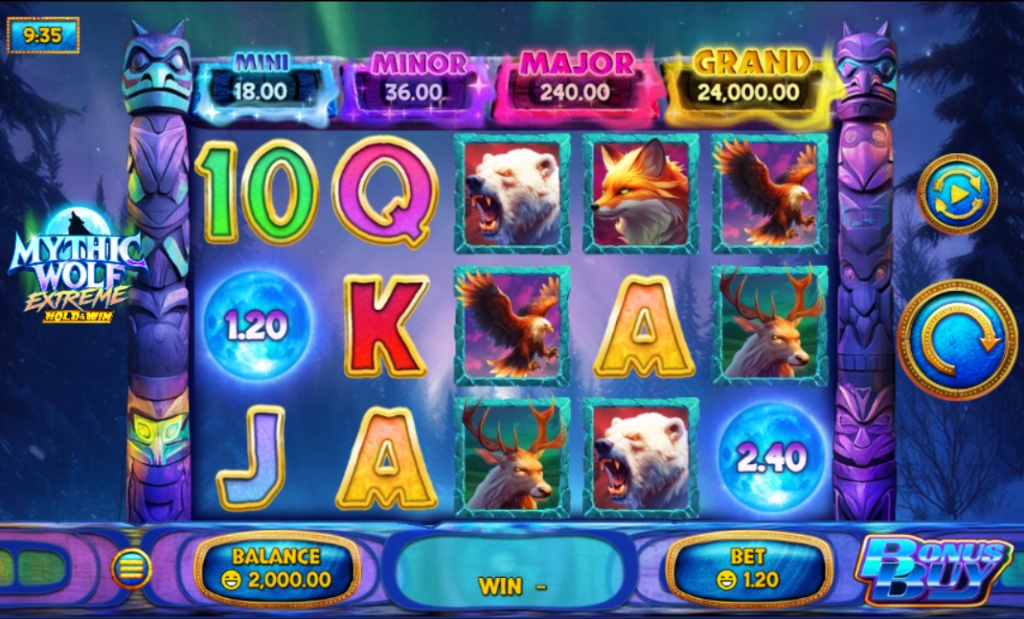 The main 5x3 reel layout of the Mythic Wolf Extreme slot, showing animal symbols and the four jackpots above.