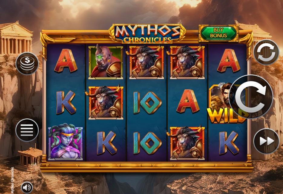 The base game screen of the Mythos Chronicles slot, showing the 5x3 reel layout and mythological symbols.
