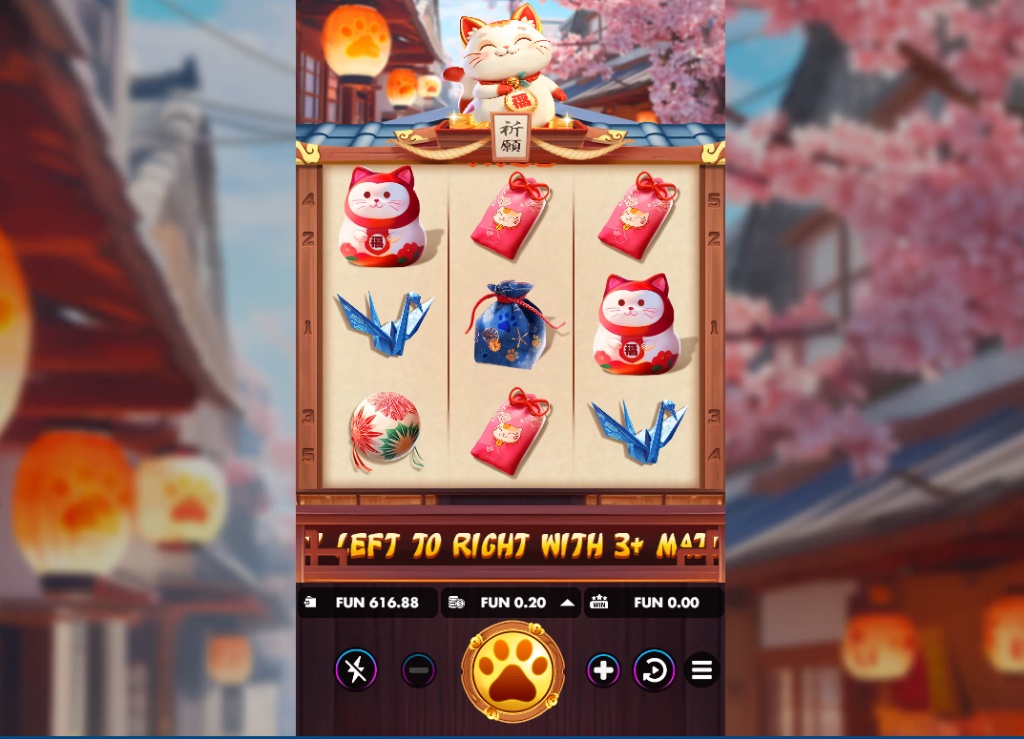 The 3x3 reel layout of the Neko Blessing slot, set against a serene Japanese street with cherry blossoms.