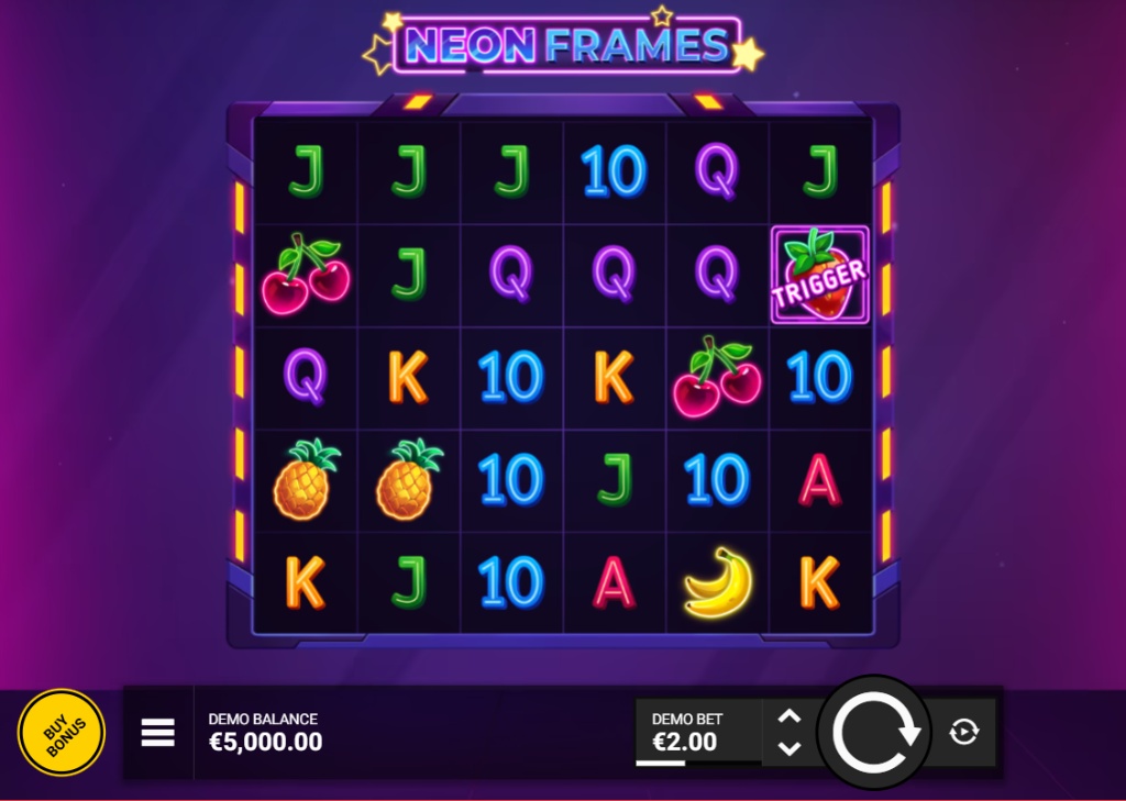 The 6x5 game grid of the Neon Frames slot, showcasing the vibrant fruit and card royal symbols in its default state.