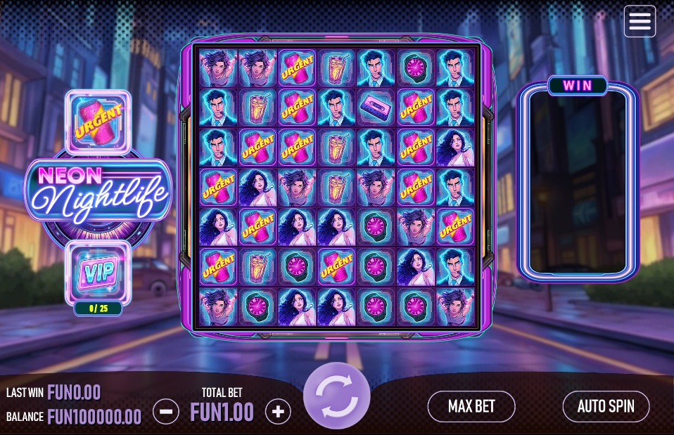 The 6x6 grid of the Neon Nightlife slot demo, set against a retro-futuristic city street at night.