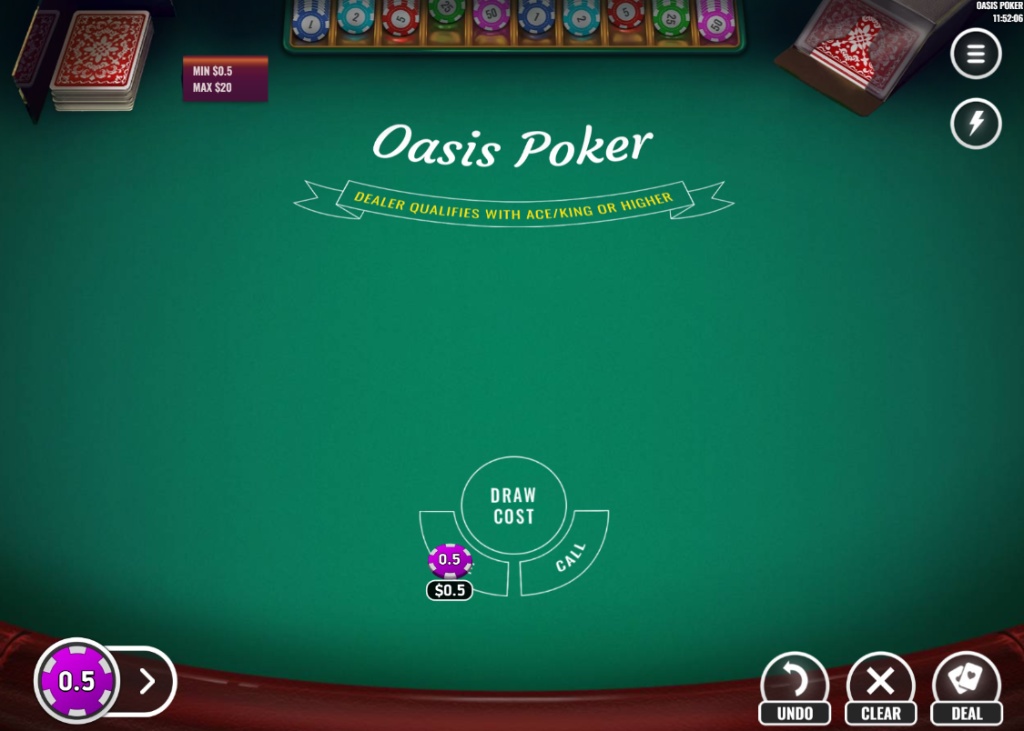 Oasis Poker demo game table layout with ante bet placed.